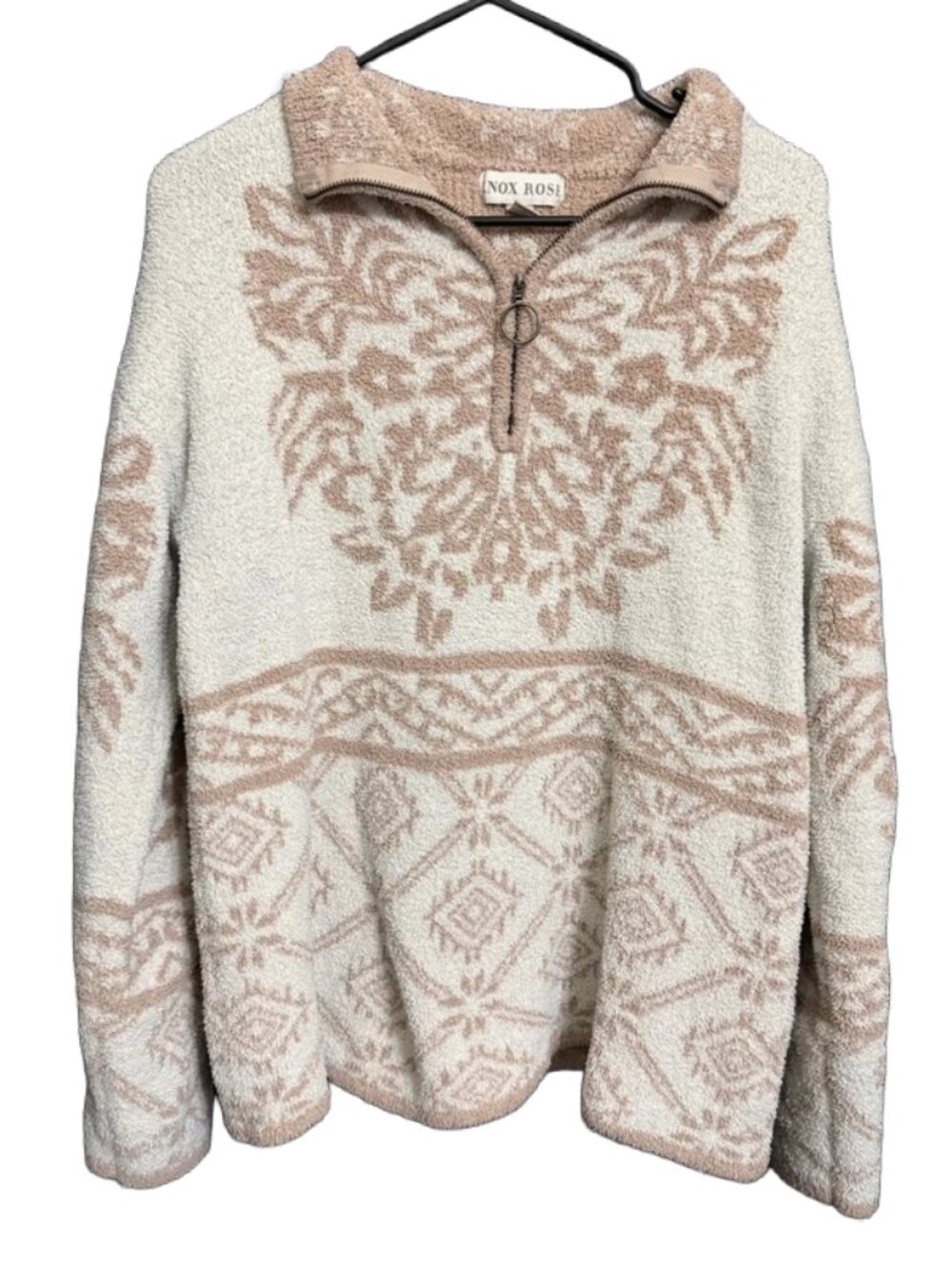 Knox Rose Cream Floral Patterns Sherpa Quarter-Zip Pullover - Size Medium
